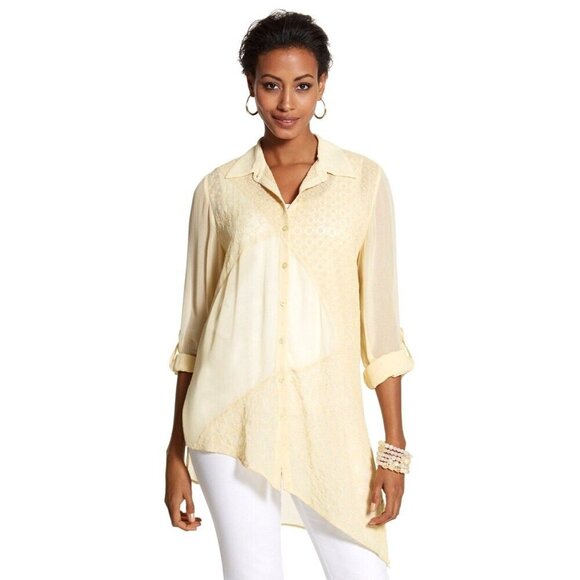 Chico's Shirt Women 2X Yellow Embroidered Mix Maya Asymmetric Button Down Flowy‎ - Picture 1 of 11